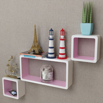 Picture of 3 White-Pink MDF Floating Wall Display Shelf Cubes Book/DVD Storage