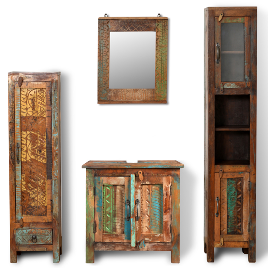 Picture of Bathroom Vanity Cabinet Set with Mirror & 2 Side Cabinets - Reclaimed Solid Wood