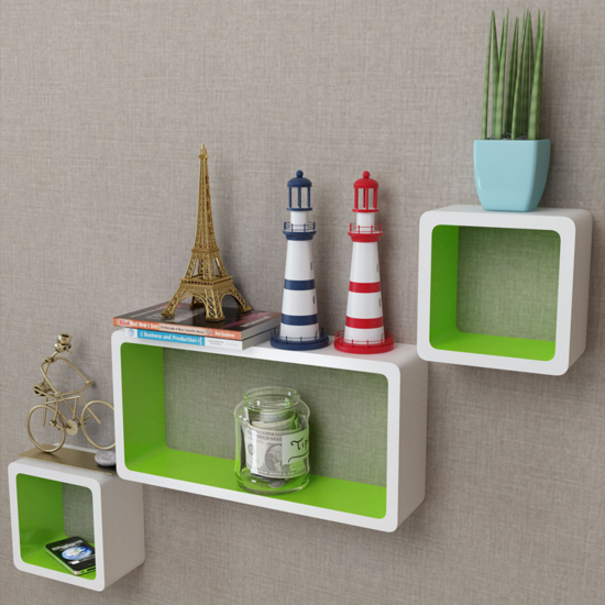 Picture of Floating Wall Display Shelves Cubes - 3 pcs White/Green