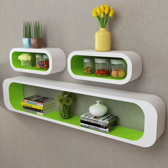 Picture of Living Room Floating Wall Display Shelves - White-Green 3 pc