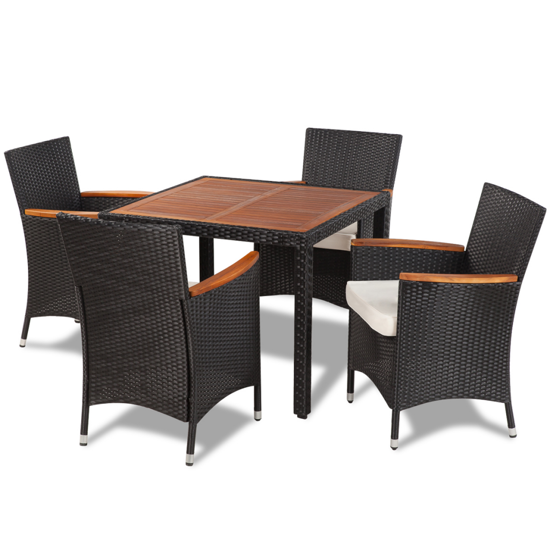 Picture of Outdoor Dining Set with 4 Chairs and Table with Wood Top Poly Rattan - Black