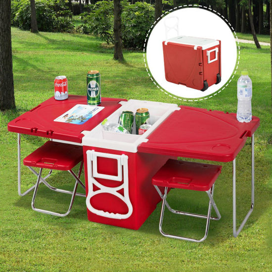 Picture of Outdoor Picnic Table Cooler with Chairs - Red