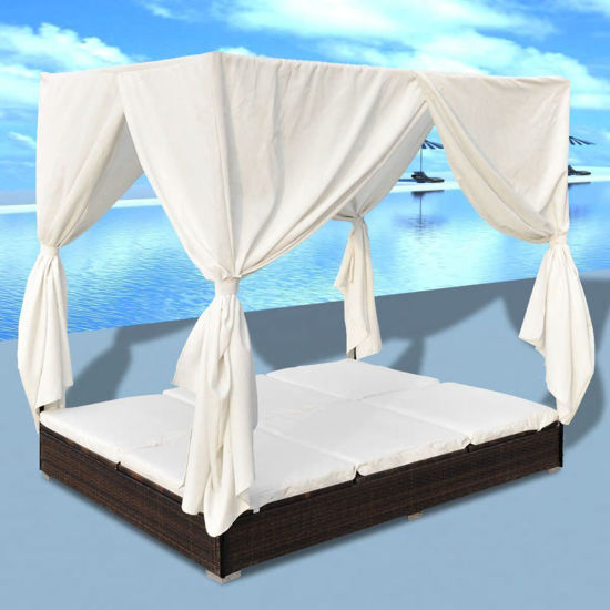 Picture of Outdoor Sunbed Lounger Bed with Curtains - Brown