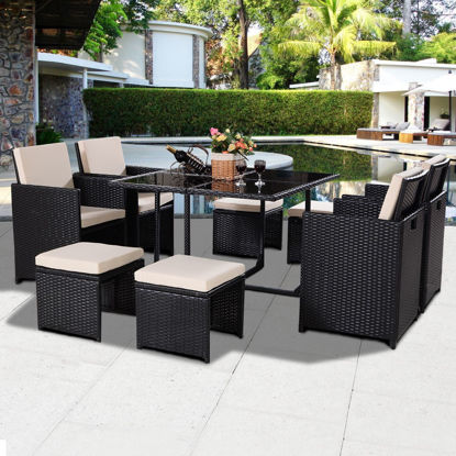 Picture of Outdoor Wicker Rattan Patio Furniture Set Cushioned With Ottoman Black 9 Pieces