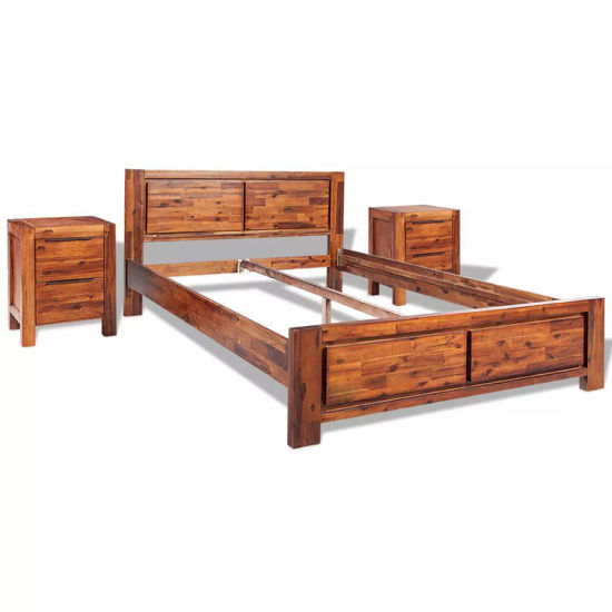 Picture of Queen Size Bed with Nightstands - Solid Acacia Wood - Brown