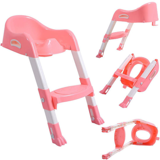 Picture of Toilet Potty Trainer Seat Chair with Ladder Step Up Stool for Toddler Pink