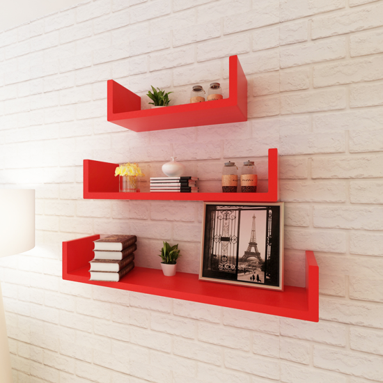 Picture of U-Shaped Floating Wall Display Shelves - 3 pcs Red