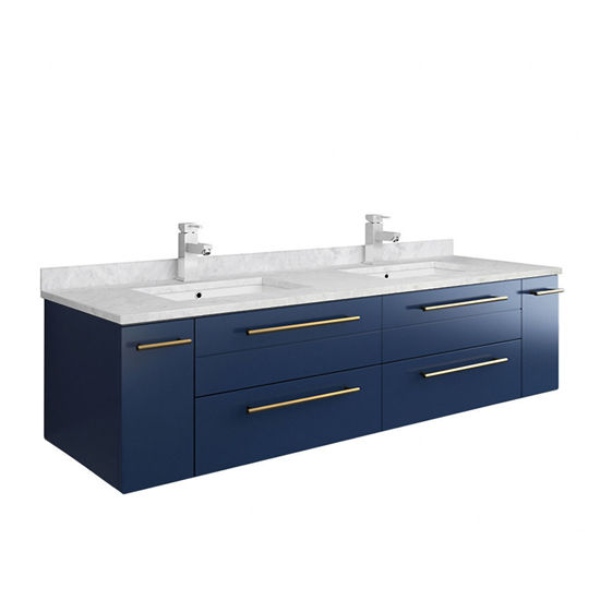 Picture of Lucera 60" Royal Blue Wall Hung Modern Bathroom Cabinet w/ Top & Double Undermount Sinks